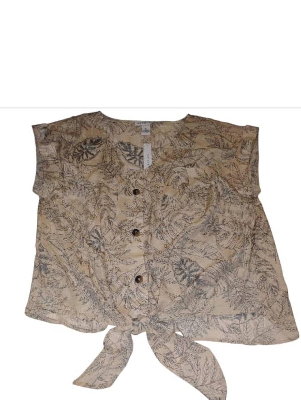 New York Clothing Company Women’s Tie-Front Short Sleeve Blouse Beige Leaf Print